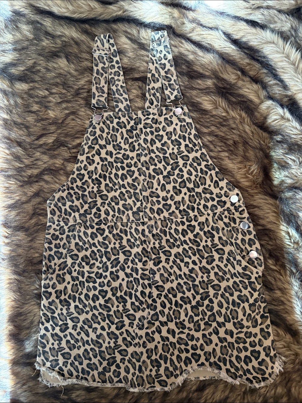 Entro Leopard Print Denim Overall Dress Tan Black Mini Size Small